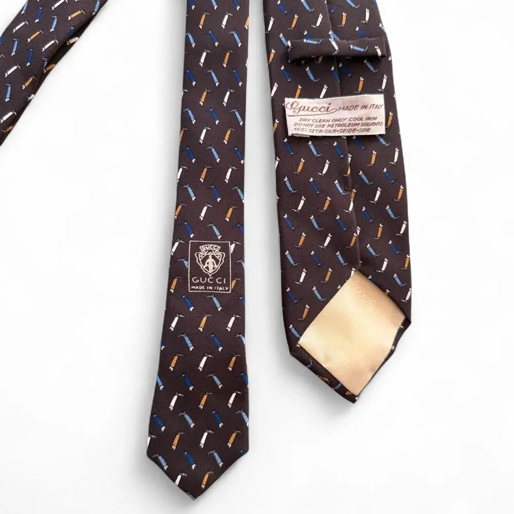 Vintage 80s Gucci 100% Silk Tie Brown Boot Print Italy Rare Old Money Office